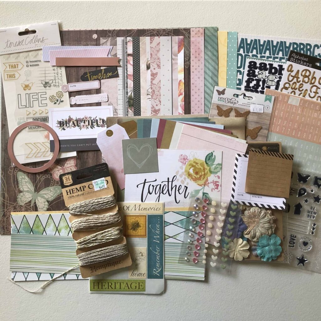 Full scrapbook kit including paper, stickers and embellishments included in my June Counterfeit Kit Challenge.