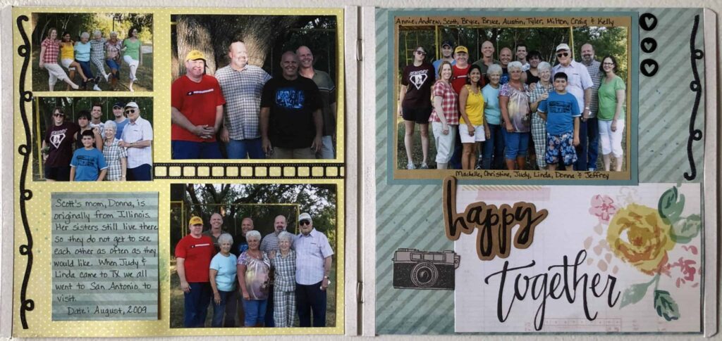 Two-page scrapbook layout with multiple pictures, borders, stamping, stickers & journaling
