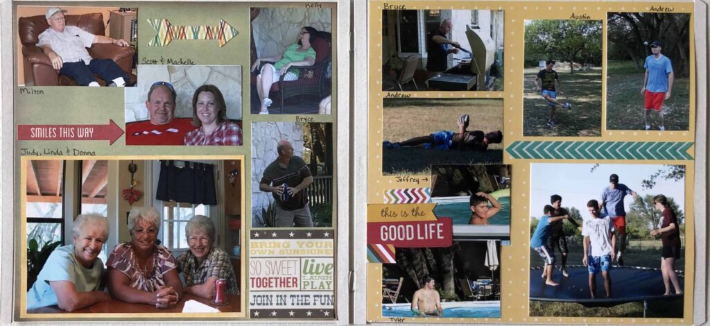 Two-page scrapbook layout with multiple pictures