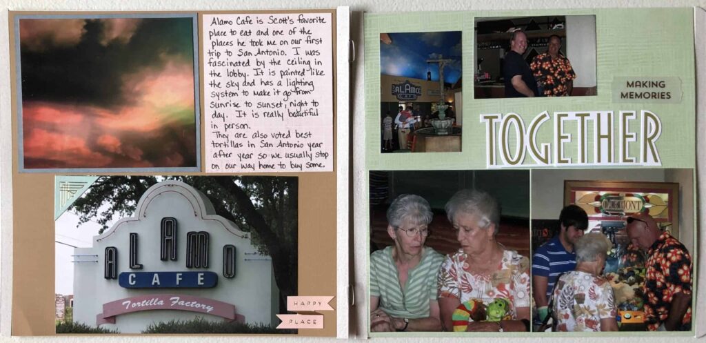 Two-page scrapbook layout with multiple pictures, stickers & journaling