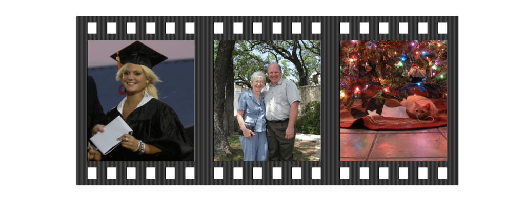 Film Strip with photos of a graduation, family & Christmas; blog post on Small Town Scrap - How to Easily Find Your Photos