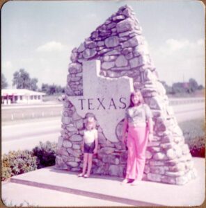 Me & my cousin at the Texas State Line; Monday Memories and Story Starter for Small Town blog
