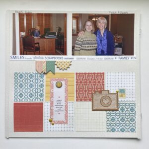12x12 scrapbook page with patterned paper, embellishments and pictures about memories, scrapbooking and creating.