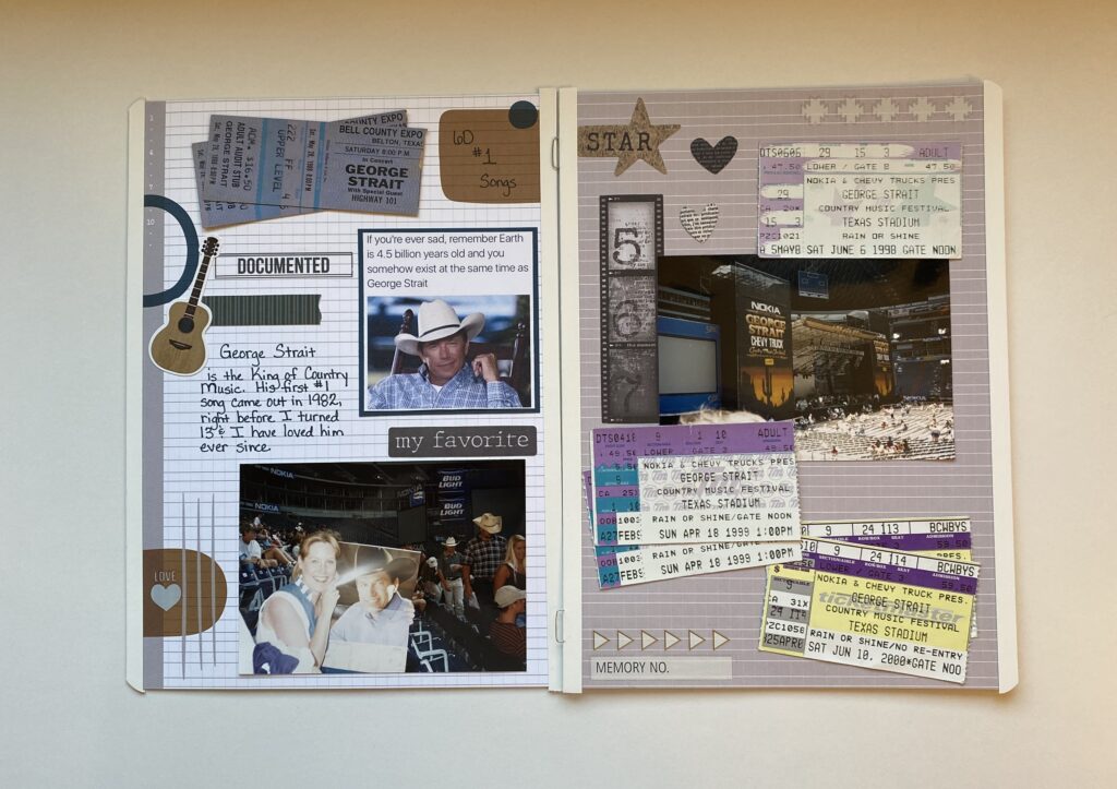 Double page scrapbook layout using Creative Memories Happy Album pre-printed pages; random photos and stories about my love of George Strait