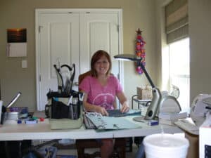 My friend Amie scrapbooking at my house